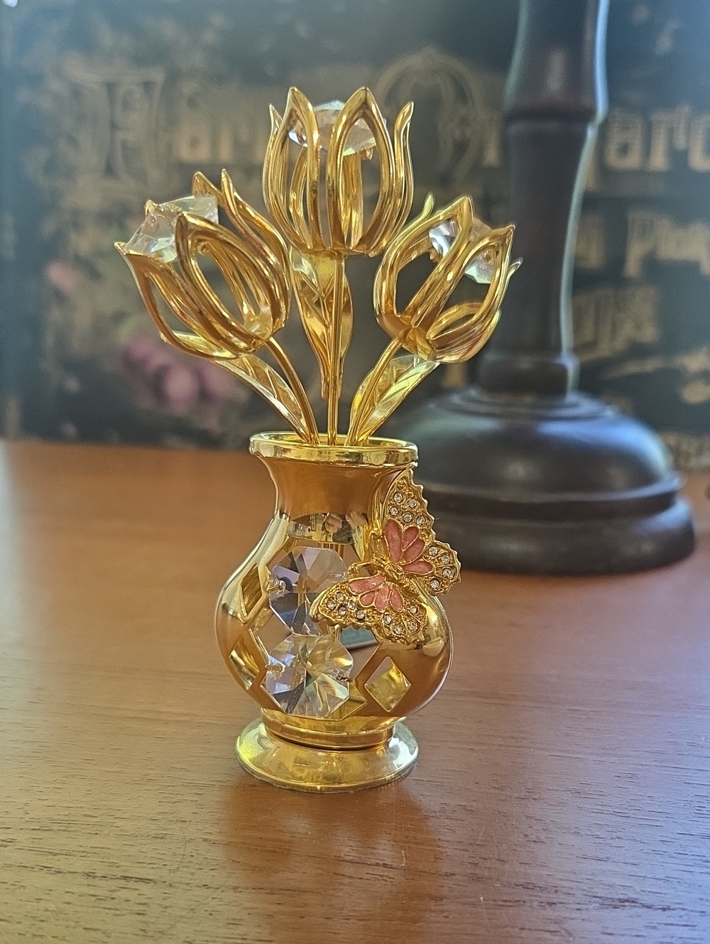 24K Gold Plated Tulip Crystal Accent Vase with Butterfly